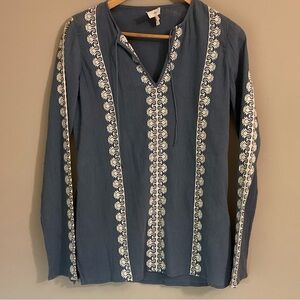 Joie Blue Tunic with White Embroidered Stripes Sz